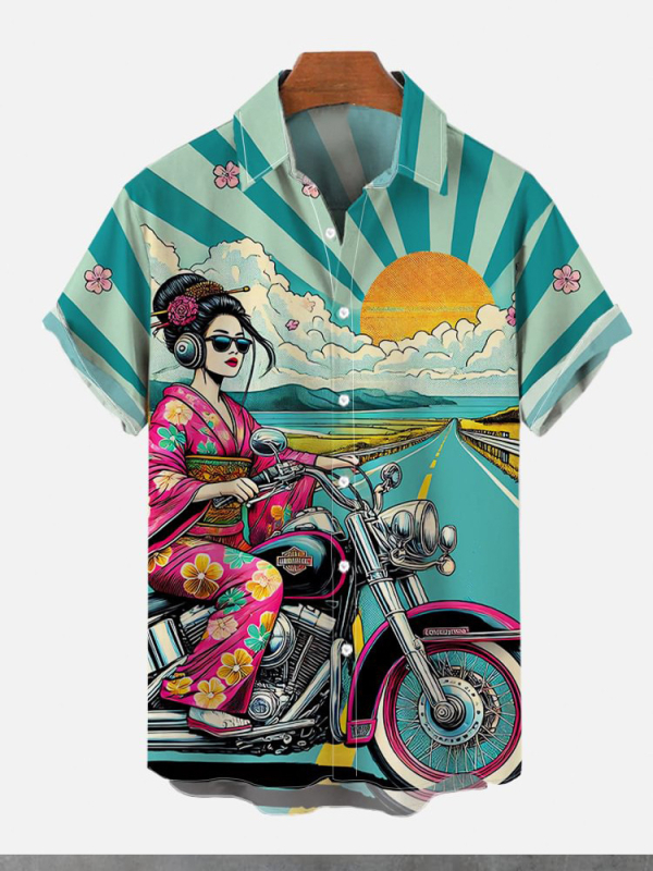 Риза в японски ретро стил с принт Укиё-е, къси ръкави, полиестер 91–95%