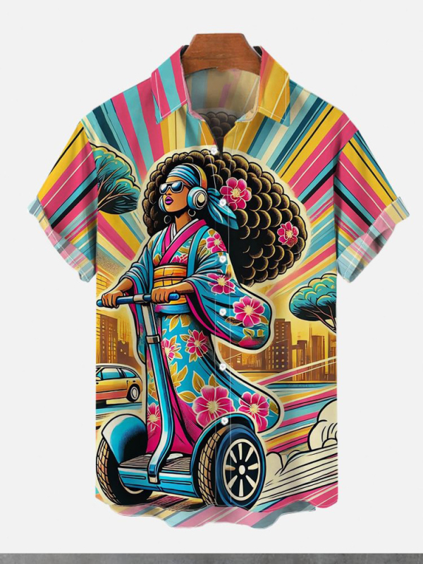 Риза в японски ретро стил с принт Укиё-е, къси ръкави, полиестер 91–95%