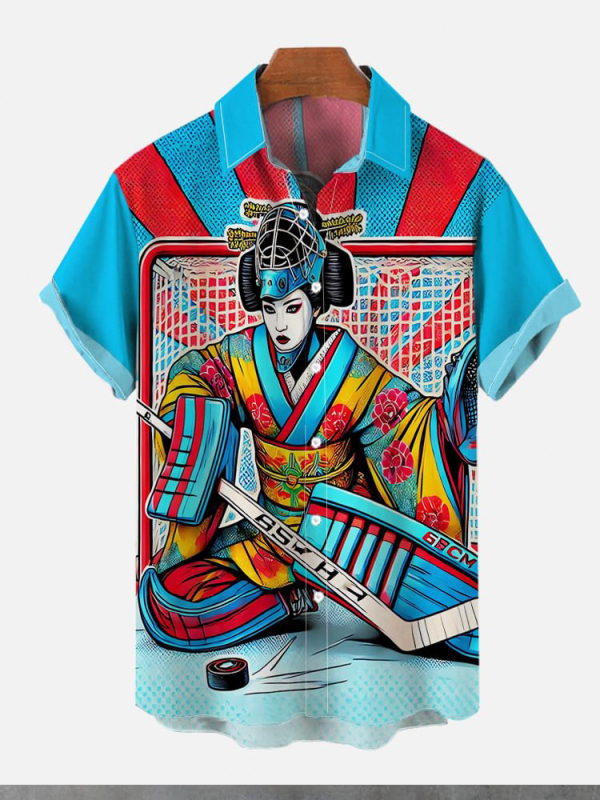 Риза в японски ретро стил с принт Укиё-е, къси ръкави, полиестер 91–95%