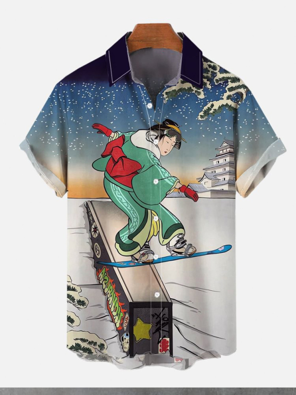 Риза в японски ретро стил с принт Укиё-е, къси ръкави, полиестер 91–95%