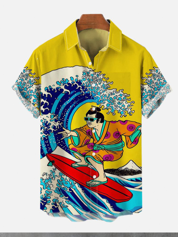 Риза в японски ретро стил с принт Укиё-е, къси ръкави, полиестер 91–95%