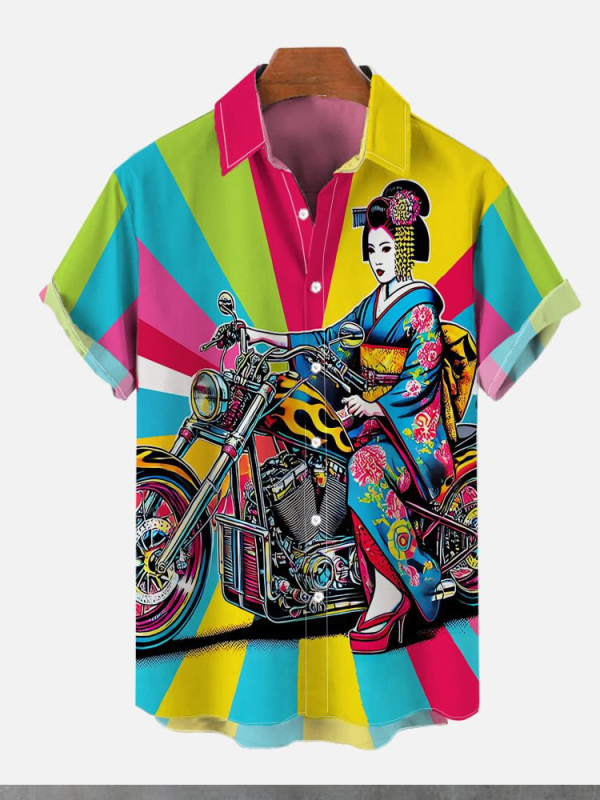 Риза в японски ретро стил с принт Укиё-е, къси ръкави, полиестер 91–95%