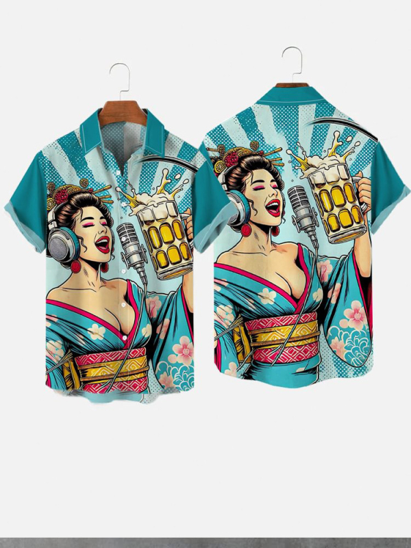 Риза в японски ретро стил с принт Укиё-е, къси ръкави, полиестер 91–95%