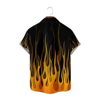 Ανδρικό πουκάμισο με φλογερό μοτίβο, 3D ψηφιακή εκτύπωση, άνετη γραμμή, γιακά με πέτο, πολυεστέρας