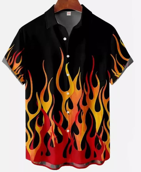 Мъжка риза с пламъчен дизайн, 3D дигитален принт, свободна кройка, яка, джоб