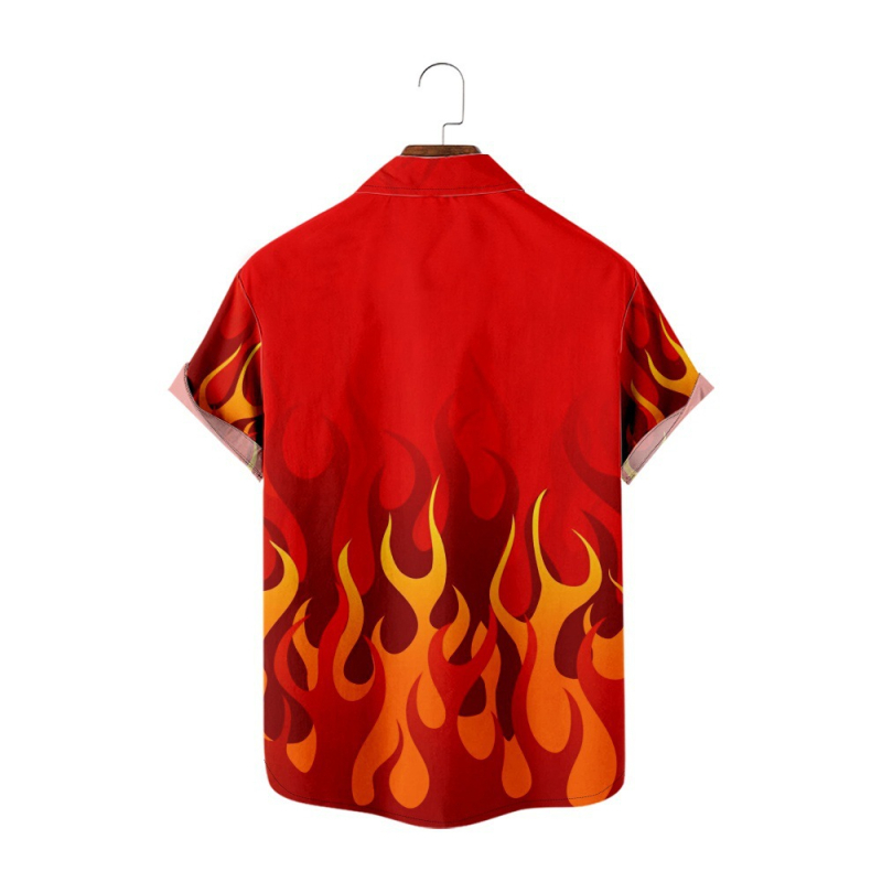 Мъжка риза с пламъчен дизайн, 3D дигитален принт, свободна кройка, яка, джоб