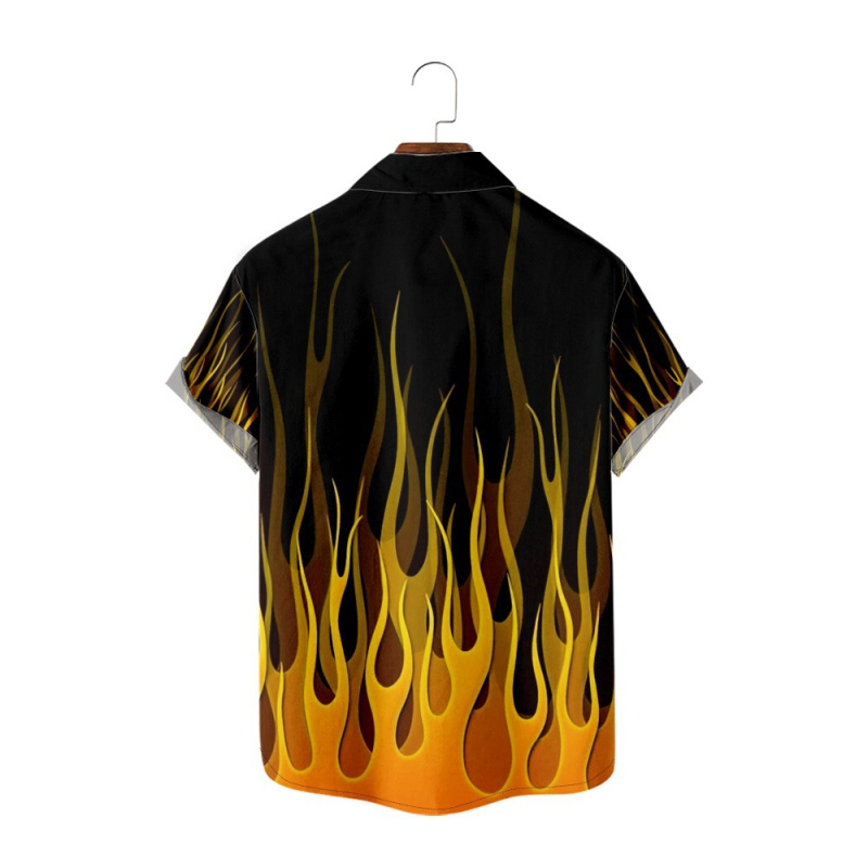 Мъжка риза с пламъчен дизайн, 3D дигитален принт, свободна кройка, яка, джоб