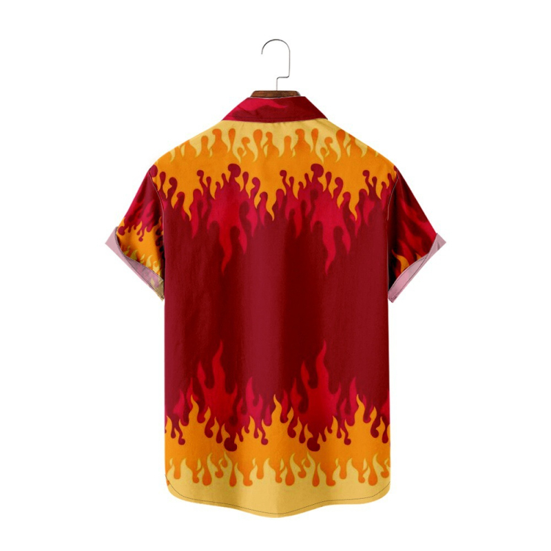 Мъжка риза с пламъчен дизайн, 3D дигитален принт, свободна кройка, яка, джоб