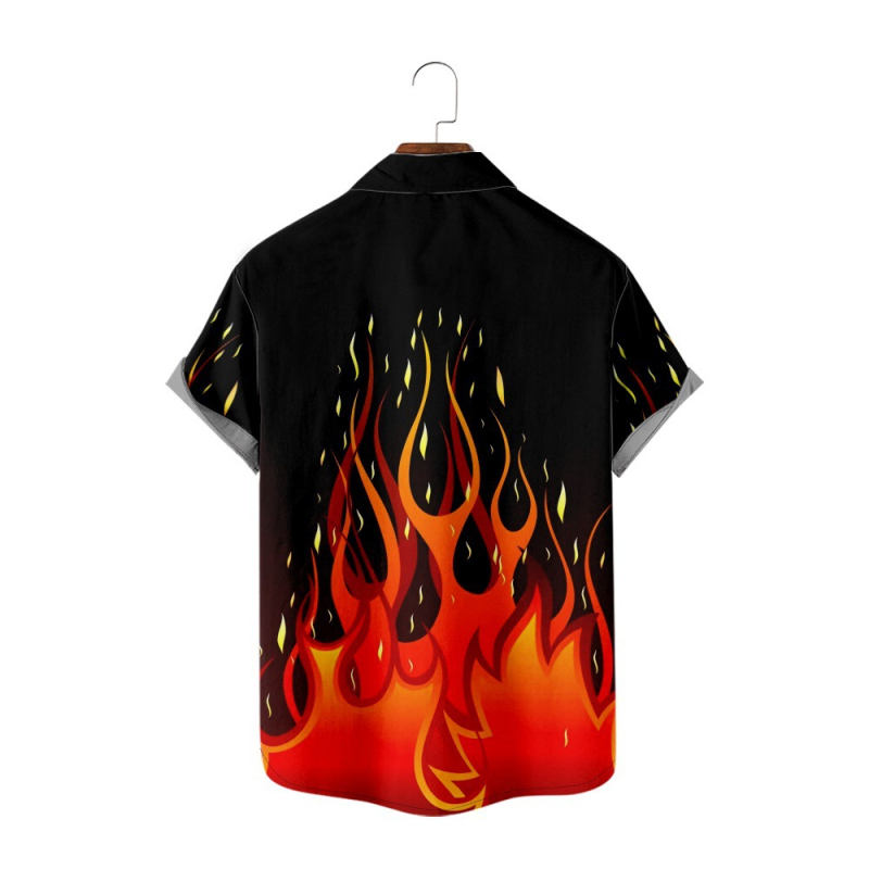 Мъжка риза с пламъчен дизайн, 3D дигитален принт, свободна кройка, яка, джоб