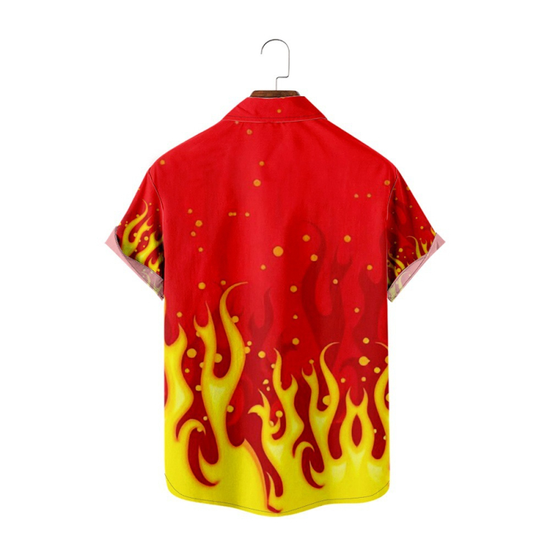 Мъжка риза с пламъчен дизайн, 3D дигитален принт, свободна кройка, яка, джоб