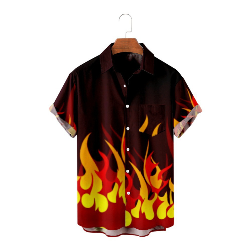 Мъжка риза с пламъчен дизайн, 3D дигитален принт, свободна кройка, яка, джоб