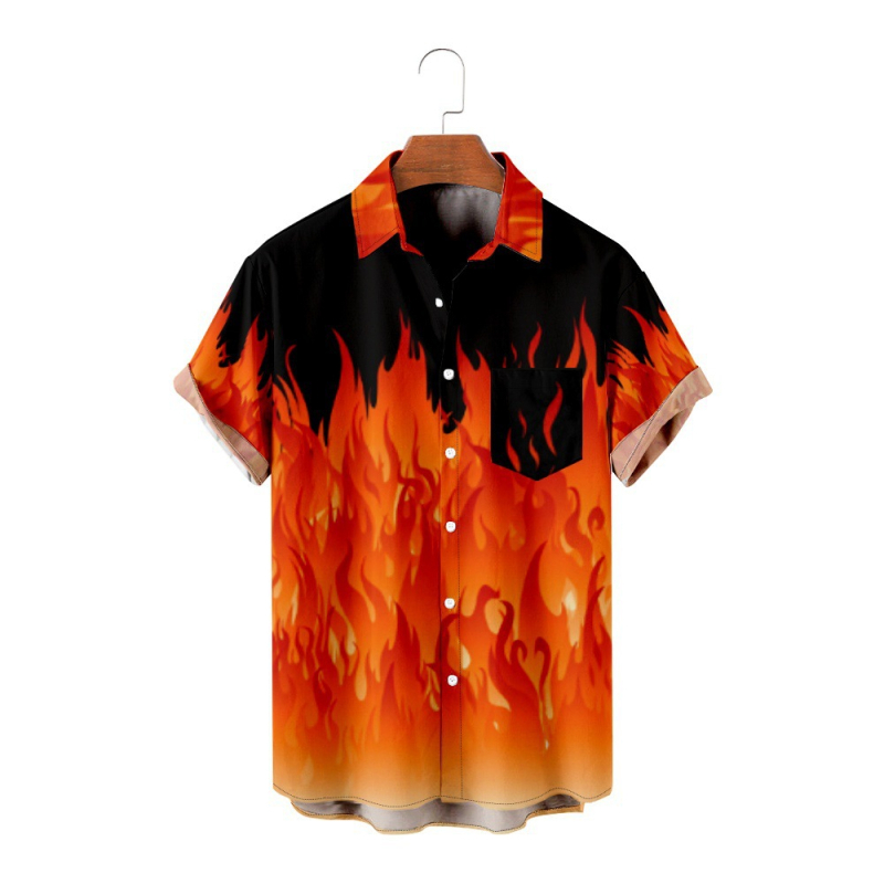 Мъжка риза с пламъчен дизайн, 3D дигитален принт, свободна кройка, яка, джоб
