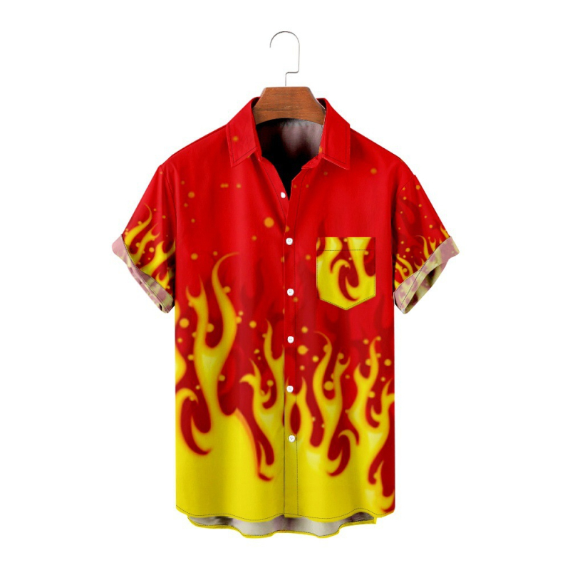 Мъжка риза с пламъчен дизайн, 3D дигитален принт, свободна кройка, яка, джоб