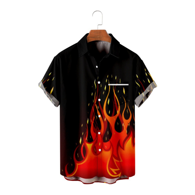 Мъжка риза с пламъчен дизайн, 3D дигитален принт, свободна кройка, яка, джоб