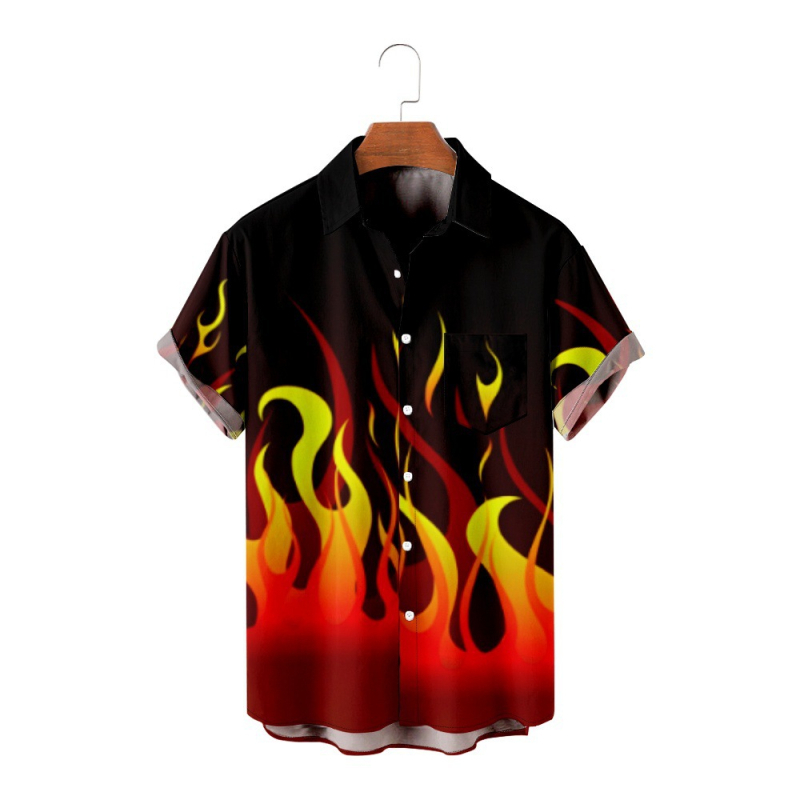 Мъжка риза с пламъчен дизайн, 3D дигитален принт, свободна кройка, яка, джоб