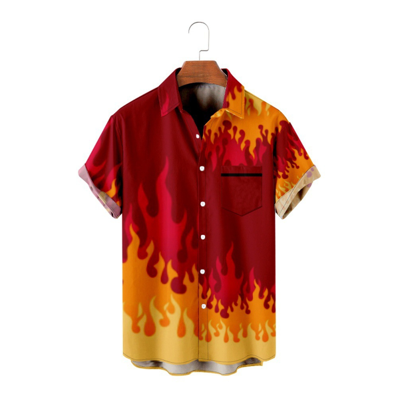 Мъжка риза с пламъчен дизайн, 3D дигитален принт, свободна кройка, яка, джоб