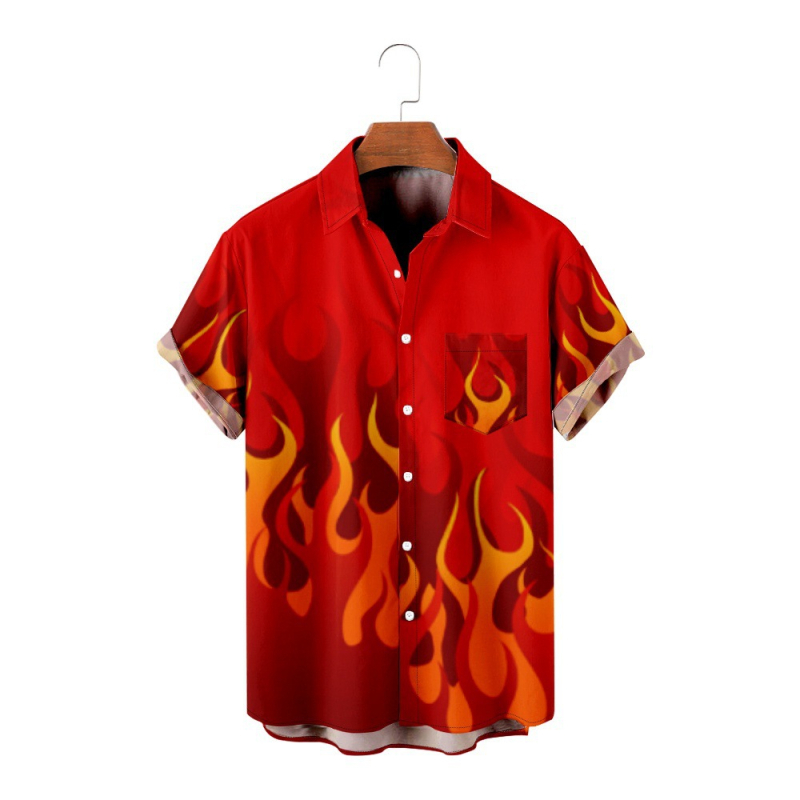 Мъжка риза с пламъчен дизайн, 3D дигитален принт, свободна кройка, яка, джоб