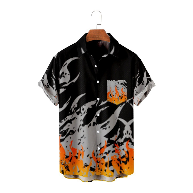 Мъжка риза с пламъчен дизайн, 3D дигитален принт, свободна кройка, яка, джоб