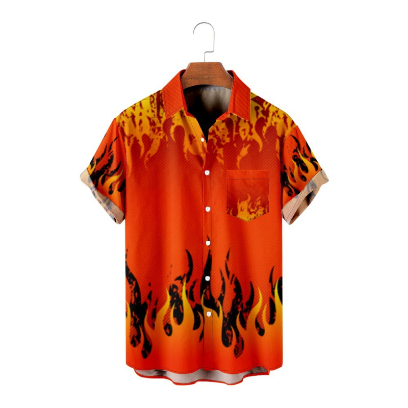Мъжка риза с пламъчен дизайн, 3D дигитален принт, свободна кройка, яка, джоб
