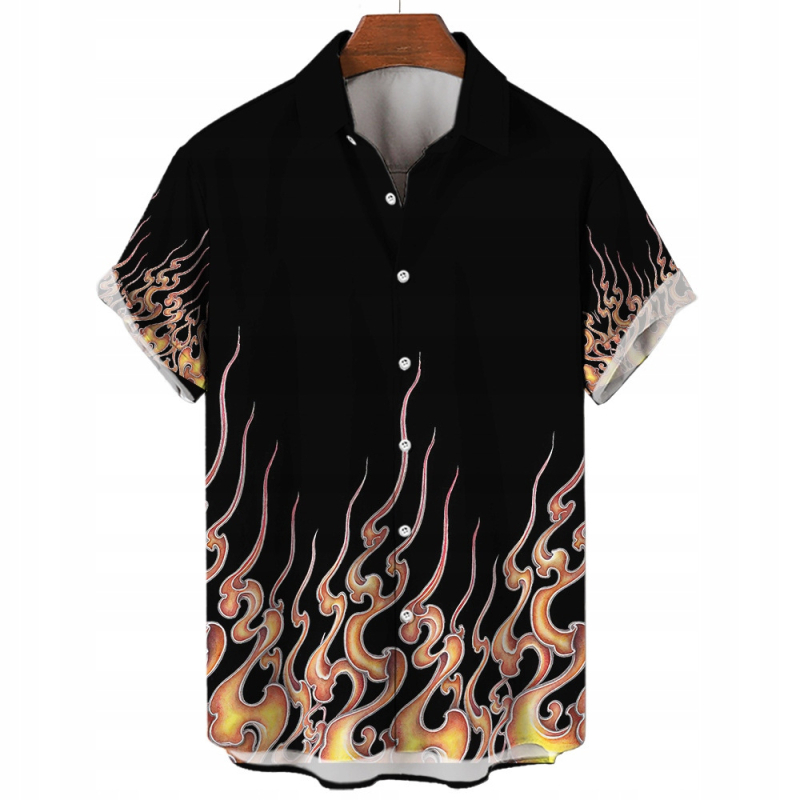Мъжка риза с пламъчен дизайн, 3D дигитален принт, свободна кройка, яка, джоб