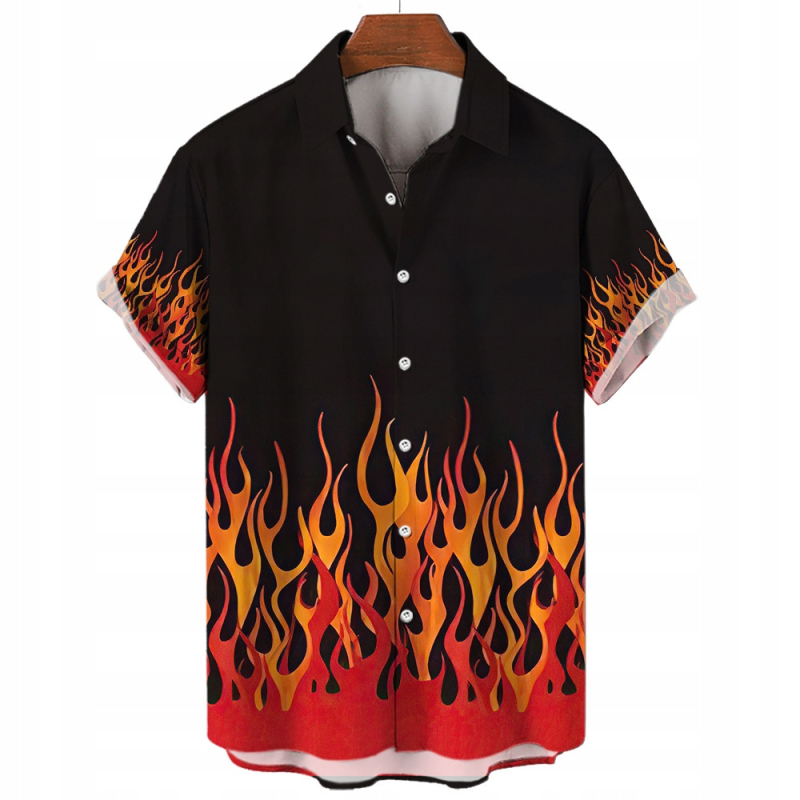 Мъжка риза с пламъчен дизайн, 3D дигитален принт, свободна кройка, яка, джоб