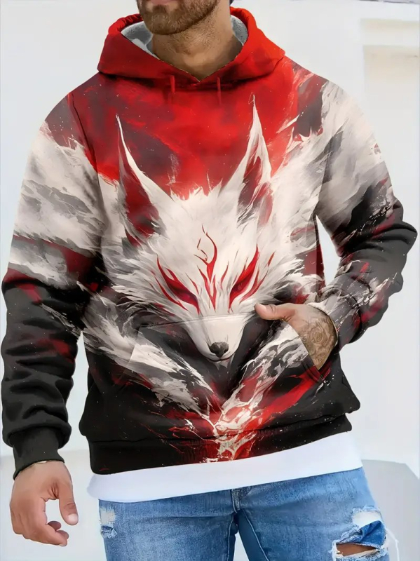 Hanorac bărbați cu glugă, imprimeu 3D cu animale, imprimare digitală, poliester, croială lejeră