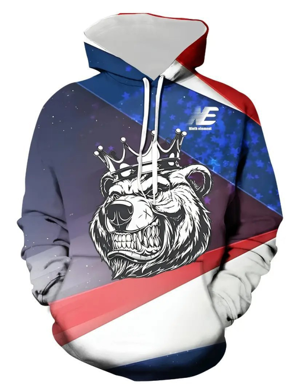 Hanorac bărbați cu glugă, imprimeu 3D cu animale, imprimare digitală, poliester, croială lejeră