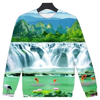 Мъжки 3D принтиран свободен суитшърт с кръгло деколте и китайска пейзажна картина – полиестер 95%