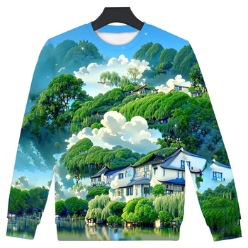 Мъжки 3D принтиран свободен суитшърт с кръгло деколте и китайска пейзажна картина – полиестер 95%