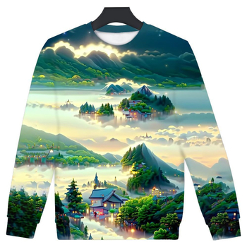 Мъжки 3D принтиран свободен суитшърт с кръгло деколте и китайска пейзажна картина – полиестер 95%