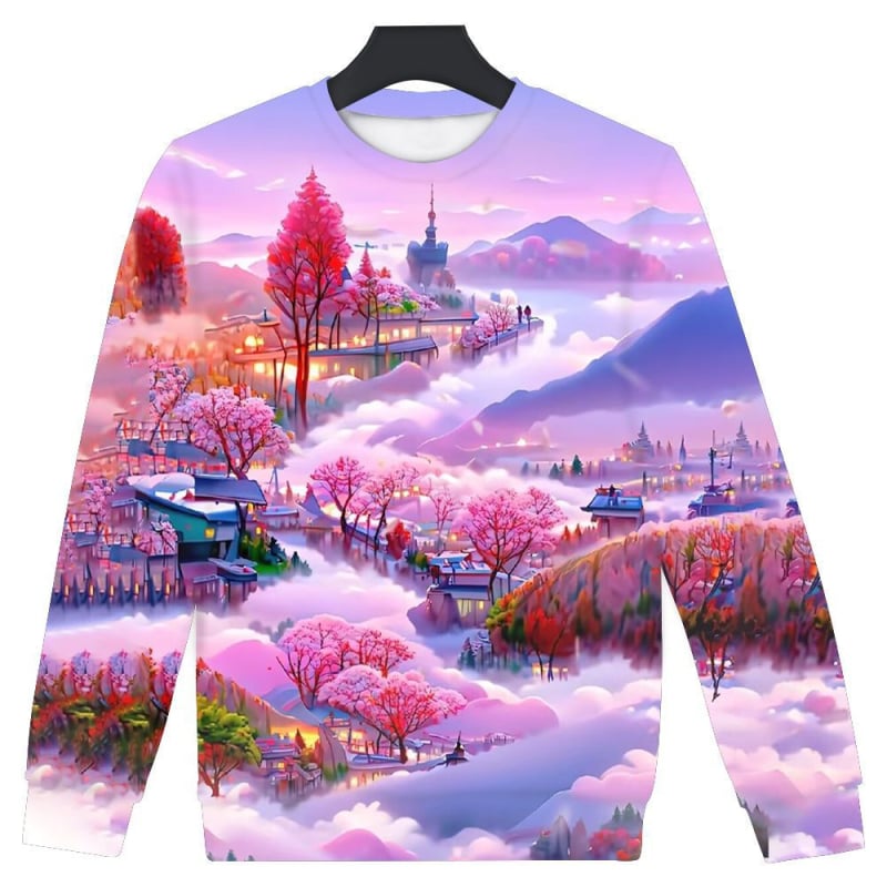 Ανδρικό 3D-τυπωμένο χαλαρό φούτερ με στρογγυλό λαιμό και κινεζική τοπία ζωγραφιά – Πολυεστέρας 95%