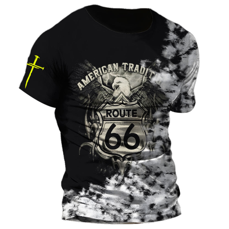 Tricou bărbați cu guler rotund, mâneci scurte, imprimeu geometric, material ușor din Milk Silk și poliester (91–95%), uscare rapidă, respirabil, sub 180 g, vară 2024