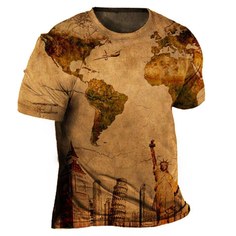Tricou bărbați cu guler rotund, mâneci scurte, imprimeu geometric, material ușor din Milk Silk și poliester (91–95%), uscare rapidă, respirabil, sub 180 g, vară 2024