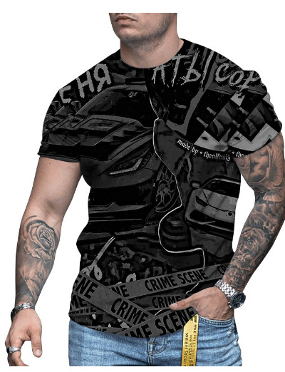 3D-s digitális printes rövidujjú póló, kerek nyakú, laza szabás, lélegző hálós anyag