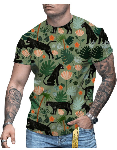 3D-s digitális printes rövidujjú póló, kerek nyakú, laza szabás, lélegző hálós anyag