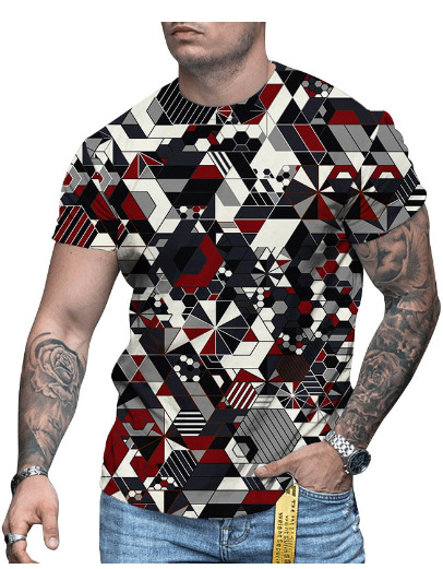 3D-s digitális printes rövidujjú póló, kerek nyakú, laza szabás, lélegző hálós anyag