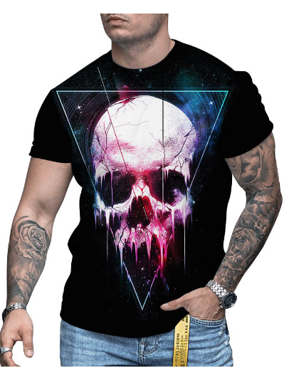 3D-s digitális printes rövidujjú póló, kerek nyakú, laza szabás, lélegző hálós anyag