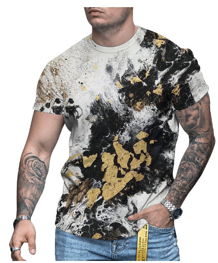 3D-s digitális printes rövidujjú póló, kerek nyakú, laza szabás, lélegző hálós anyag