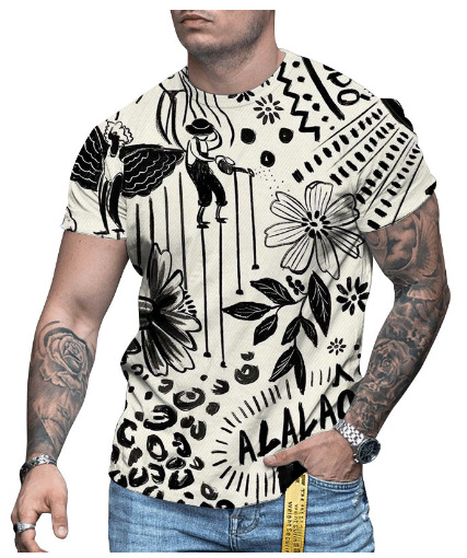 3D-s digitális printes rövidujjú póló, kerek nyakú, laza szabás, lélegző hálós anyag