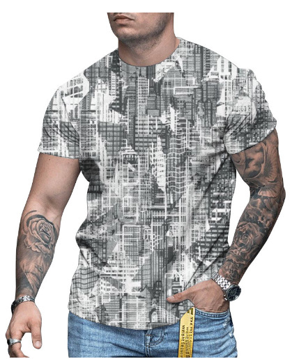 3D-s digitális printes rövidujjú póló, kerek nyakú, laza szabás, lélegző hálós anyag