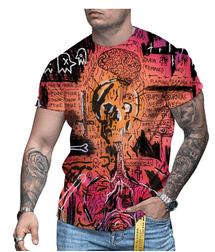 3D-s digitális printes rövidujjú póló, kerek nyakú, laza szabás, lélegző hálós anyag