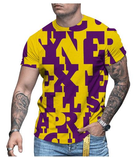 3D-s digitális printes rövidujjú póló, kerek nyakú, laza szabás, lélegző hálós anyag