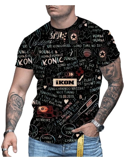 3D-s digitális printes rövidujjú póló, kerek nyakú, laza szabás, lélegző hálós anyag