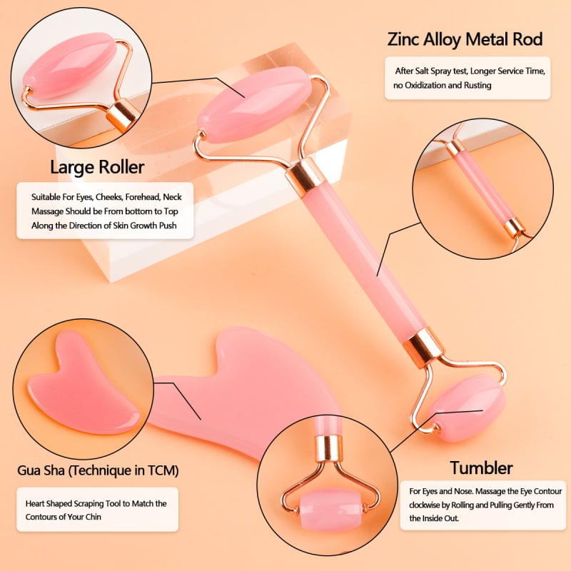 Masaj facial cu două capete, plăcuță gua sha în formă de inimă și roller din rășină imitând jad, 38 g