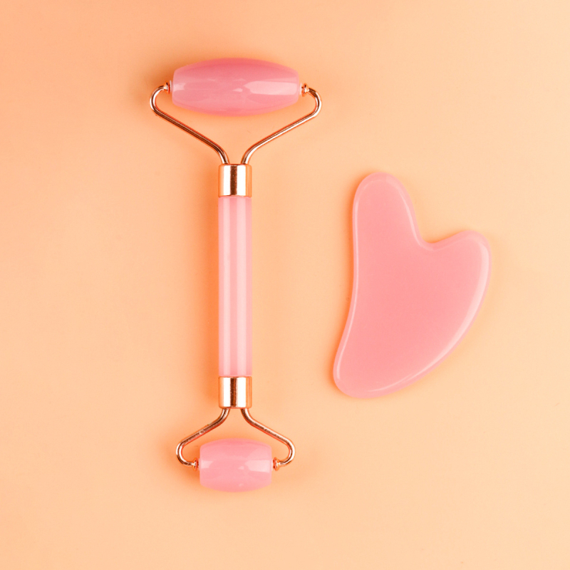 Masaj facial cu două capete, plăcuță gua sha în formă de inimă și roller din rășină imitând jad, 38 g