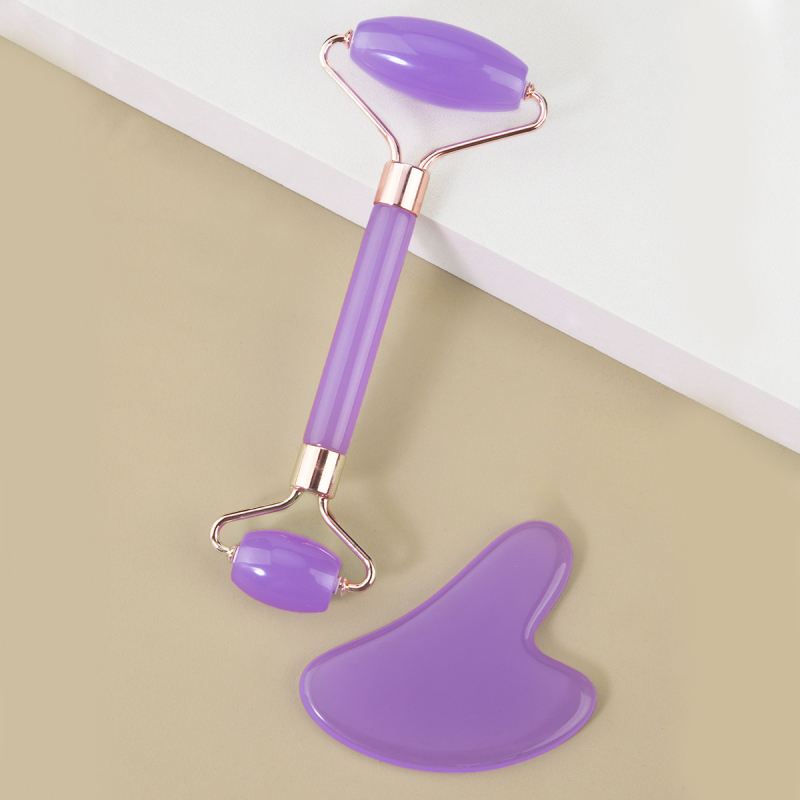 Masaj facial cu două capete, plăcuță gua sha în formă de inimă și roller din rășină imitând jad, 38 g