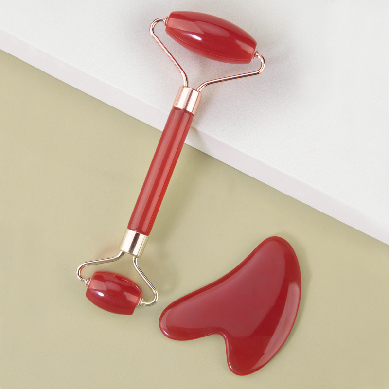 Masaj facial cu două capete, plăcuță gua sha în formă de inimă și roller din rășină imitând jad, 38 g