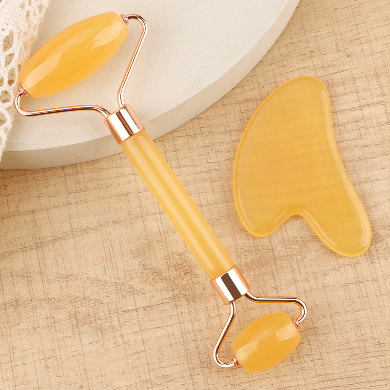 Masaj facial cu două capete, plăcuță gua sha în formă de inimă și roller din rășină imitând jad, 38 g