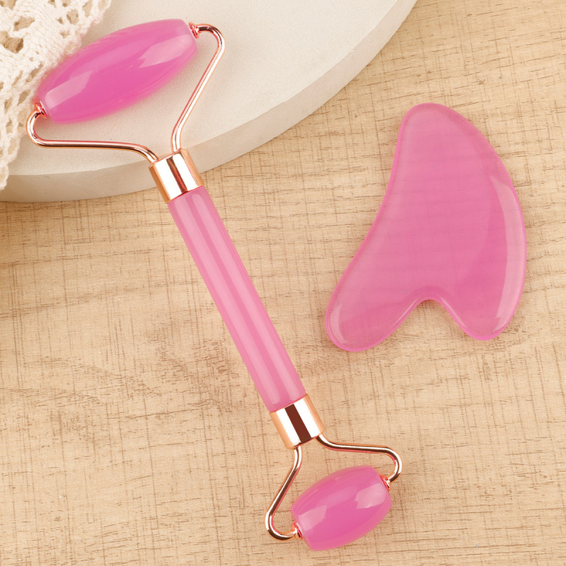 Masaj facial cu două capete, plăcuță gua sha în formă de inimă și roller din rășină imitând jad, 38 g