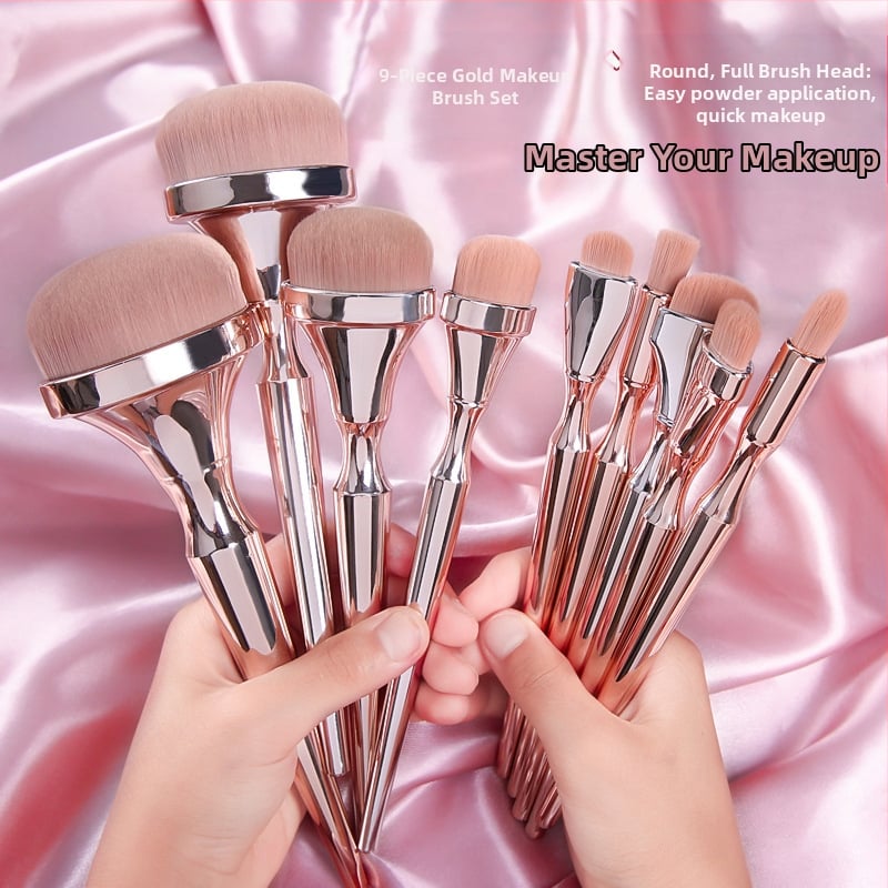 9 dalių makiažo šepetėlių rinkinys, sintetinių pluoštų šepetėliai, plastikinės rankenėlės, pakuotė maiše, prekės kodas Dx7451